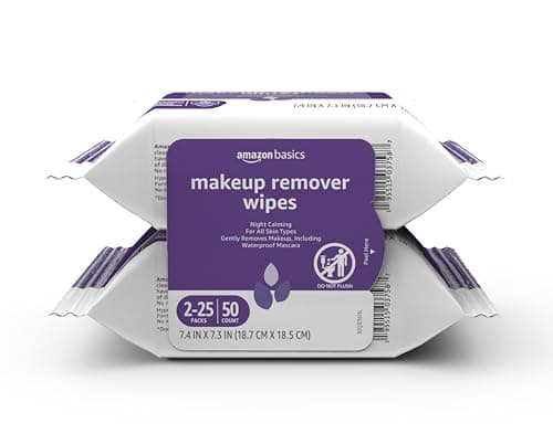 Amazon Basics Makeup Remover Wipes, Gentle Cleansing, Dermatologist Tested, Night Calming, Plant Based, Alcohol-Free, Removes Waterproof Mascara, 25 Count Per Pack, Pack of 2