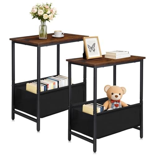 NovaNoka Nightstands Set of 2, 2 Tier End Tables with Fabric Storage Basket, Small Side Tables for Living Room, Bedroom, Office and Small Spaces, Rustic Brown