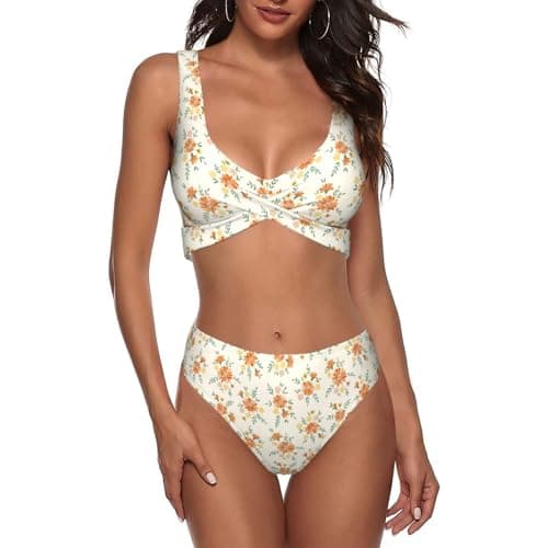 Orange Ditsy Print Floral Wildflowers Flower Bikini Set for Women Two Piece Swimsuit Print Sexy High Waisted Swimwear V Neck Cheeky Bathing Suit