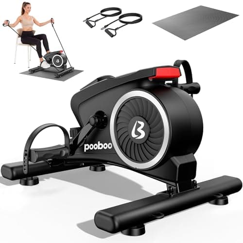 pooboo Under Desk Bike Pedal Exerciser, Quiet Magnetic Mini Exercise Bike with 16 Resistance Levels, Arm & Leg Workout, Resistance Bands & Non-Slip Mat for Home Office Therapy (Black-Silver)