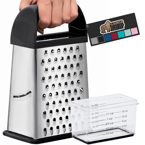 Gorilla Grip XL 4-Sided Cheese Grater With Container, 100% BPA-Free Stainless Steel Box Graters, Parmesan Shredder, Grate Cheeses, Shred Veggies, Slip Resistant Handle, Dishwasher Safe Zester, Black