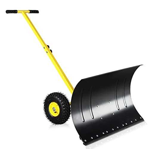 Outvita Snow Shovel with Wheels, 29" Wide 18" Long Snow Plow Shovel Angle & Height Adjustable Padded Handle Efficient Snow Clean Tool for Driveway or Pavement Yellow