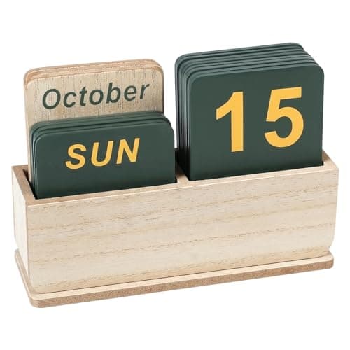 DEERINE Wooden Block Perpetual Calendar for Desk, Daily Desktop Standing Flip Calendar with Large Display, Modern Farmhouse Aesthetic Desk Accessory for Home Office Decor, Reusable Yearly, Wood Grain