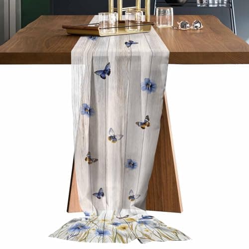 TocaHome Chiffon Table Runner, Sheer Table Runners Romantic Wedding Tableclothes, Flower Butterfly Wheat Table Cloth for Party Table Centerpieces Decorations 19x55 inch
