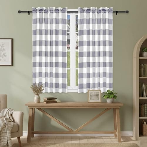 Simple Deluxe Buffalo Check Valance Tier Curtains - 2 PCS Plaid Gingham Kitchen Cafe Curtains for Small Windows, 26x36 Inch, White Gray