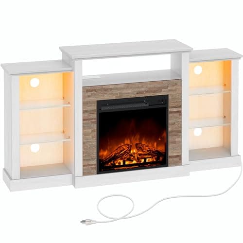 Rolanstar Fireplace TV Stand with LED Lights and Power Outlets, TV Console for 32" 43" 50" 55" 65", Entertainment Center with Adjustable Glass Shelves, Ivory White