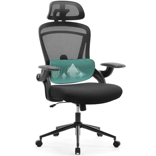 Ergonomic Mesh Office Chair, High Back Desk Chair with 2D Headrest, Up&Down Lumbar Support, Swivel Computer Task Chair with Adjustable Flip-up Armrests, Black