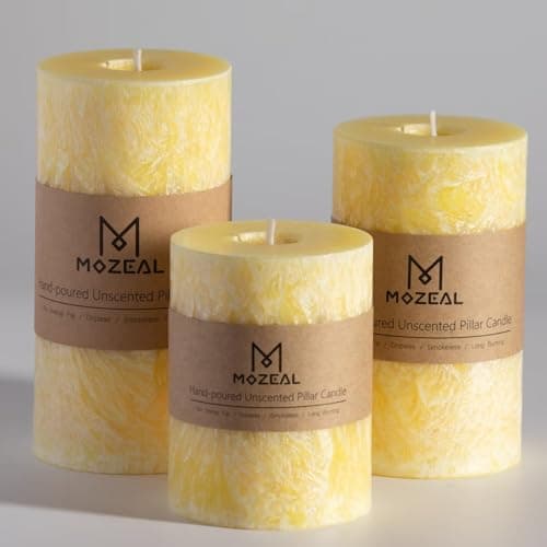 MOZEAL Hand-Poured, Unscented Yellow Crystal Pillar Decorative Candles, Elegant Set of 3 in Different Sizes (3"x4", 3"x5", 3"x6"), Luxurious Décor for Spring Homes & Events