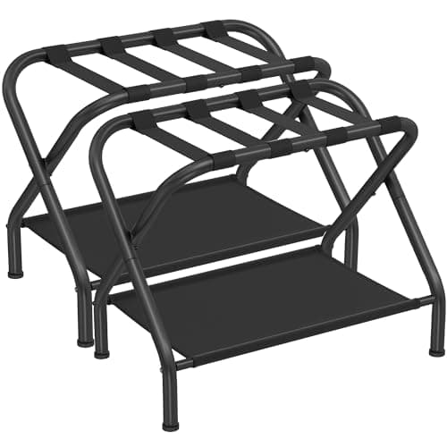 SONGMICS Luggage Racks, Set of 2, Suitcase Stand with Fabric Storage Shelf, for Guest Room, Bedroom, Hotel, Foldable Steel Frame, Holds up to 110 lb, 27.2 x 15 x 20.5 Inches, Black URLR002B02