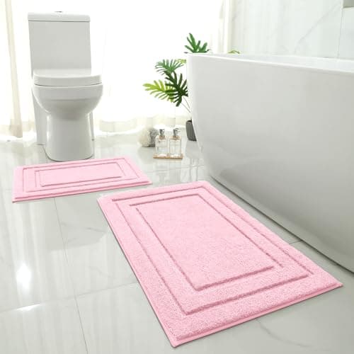 HOMEIDEAS Bathroom Rugs Sets 2 Piece, Super Soft and Absorbent Non Slip Microfiber Machine Washable Bath Mat Set (20" x 32" + 16" x 24", Light Pink)