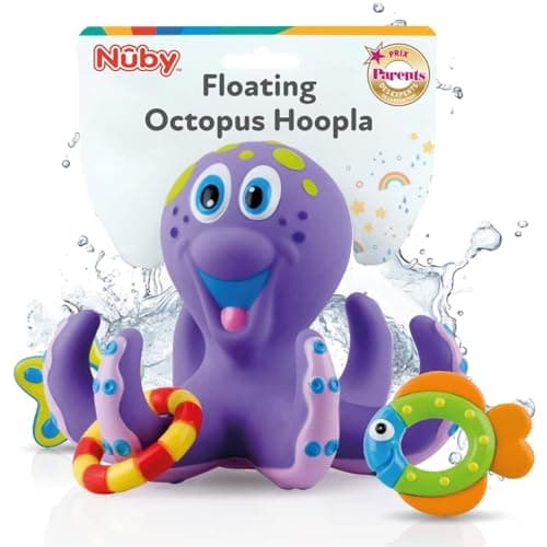 Nuby Floating Octopus with 3 Hoopla Rings - Baby & Toddler Bath Toy - No Hole Design Keeps Moisture Out - Fine Motor Skills - 18+ Months - Great Baby Pool Toys