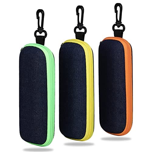 molshine 3 Pieces Portable Denim Glasses Case,Travel Zipper Eyeglasses Case with Hook for Women Men Girl (Green&Yellow&Orange)