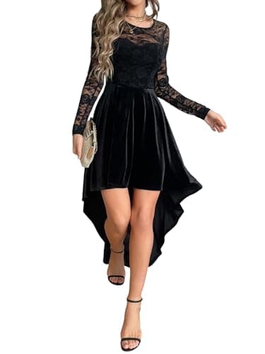 GothDark Womens Black Cocktail Dress Lace Velvet Round Neck Long Sleeve High Low Gothic Elegant Party Winter Wedding Dresses