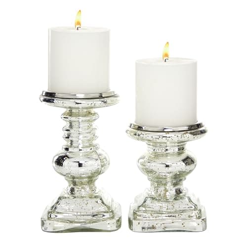 Deco 79 Glass Handmade Decorative Candle Holder Turned Style Pillar Candle Stand, Set of 2 Candlestick Holder 9", 7"H, Silver