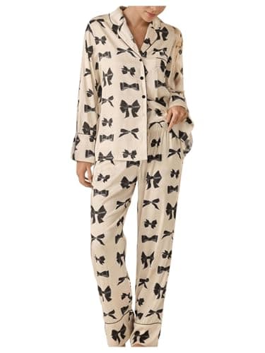 SHENHE Women's Bow Pajamas 2 Piece Long Sleeve Button Coquette Shirt and Cute Pants Pjs Sleep Set Black and White Large