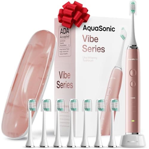 Aquasonic Vibe Series Ultra-Whitening Toothbrush – ADA Accepted Electric Toothbrush - 8 Brush Heads & Travel Case – 40,000 VPM Motor & Wireless Charging - 4 Modes w Smart Timer – Satin Rose Gold