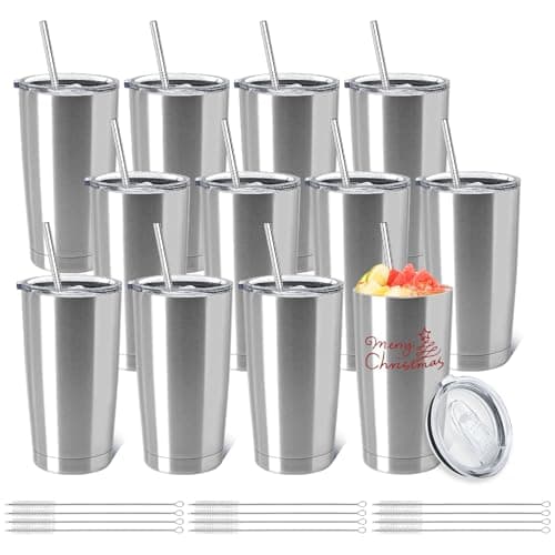 YOUKE OLA 12 Pack Insulated Coffee Tumbler Stainless Steel Double Wall Vacuum Travel Tumbler Cup with Lid and Straw for DIY Gift, Silver 20oz