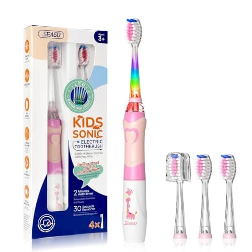 SEAGO Kids Electric Toothbrush with 2 Mins Brushing Timer and 4 Replacement Bursh Heads,Rainbow LED Light Make Brushing Fun, Pink Color Girls Battery Powerd Toothbrush for 4-12 Years Old，SG-977