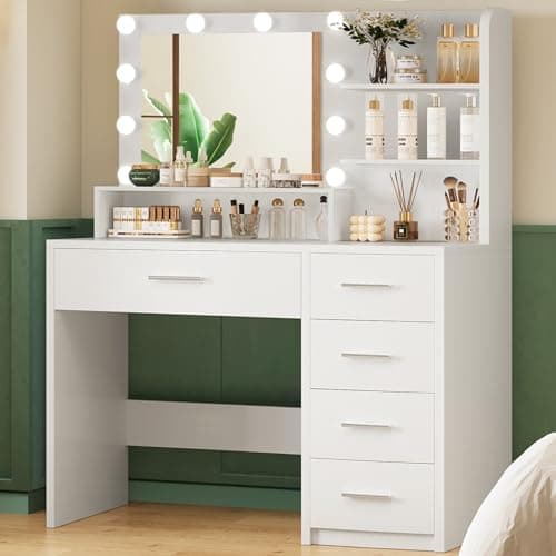 Quimoo Vanity Desk with Mirror & Lights, Makeup Vanity with 5 Drawers & Storage Shelves, White Vanity Table, 3 Color Modes & Adjustable Brightness, Dressing Table, Bedroom