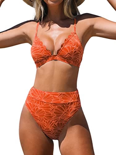 CUPSHE Bikini Set for Women Bathing Suit High Waisted Scalloped V Neck Two Pieces Swimsuit, M Coral Orange