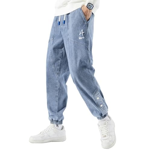 ANBOBER Men's Denim Jogger Pants Cargo Jeans Hip Hop Streetwear Harem Pants Casual Sports Trousers (Blue, X-Large)