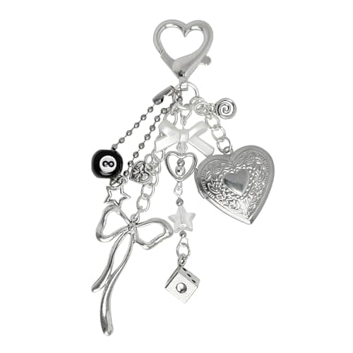 YTYAB Cute Heart Locket Keychain,Y2k Bag Charms,Kawaii Photo Key Chain,Bow 8 Ball Star Dice Aesthetic Accessories for Women Backpack,Beaded Kindle Fashion Decor(Silver)