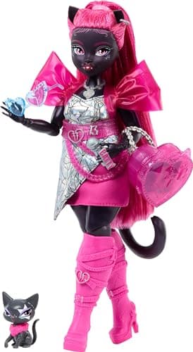 Monster High Catty Noir Doll with Pet Cat Amulette and Accessories Like Backpack, Music Book, Microphone and More