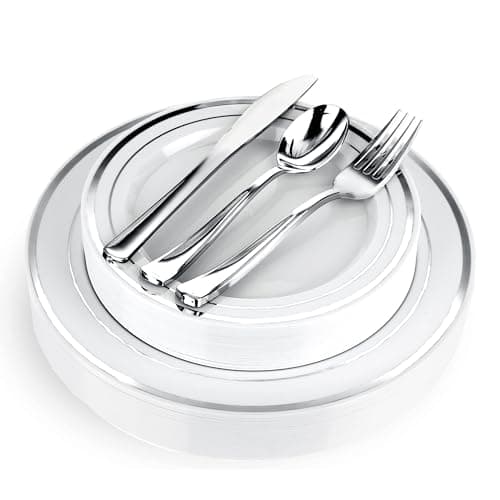 Best Plastic Plates #10 from Stock Your Home 125-Piece White and Silver Fancy Plastic Plates Disposable with Silverware, Elegant Dinnerware for Weddings, Holiday Party China, Set of 25 Dinner + Salad Plates, 25 Spoons, 25 Forks, 25 Knives