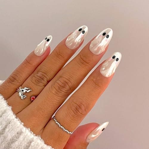 Halloween Press on Nails Glossy Chrome Fake Nails with White Little Ghost Design Medium Almond Shape Fake Nail Full Cover Acrylic False Nails Stick on Nail for Women DIY Art Manicuare 24 Pcs