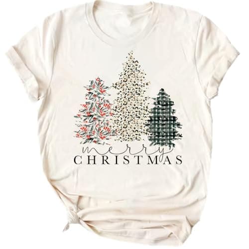 Christmas Shirts Women Merry Christmas Tree Printed T-Shirts Short Sleeve Holiday Tee Xmas Gift Tops(X-Cream,XL)
