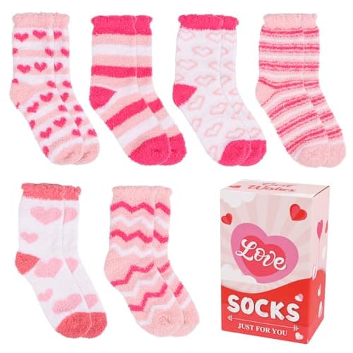 CCINEE 6 Pairs Fuzzy Slipper Socks for Women, Pink Cozy Valentine'S Day Sock Warm Fluffy Holiday Socks for Her Galentines Valentines Day Gifts