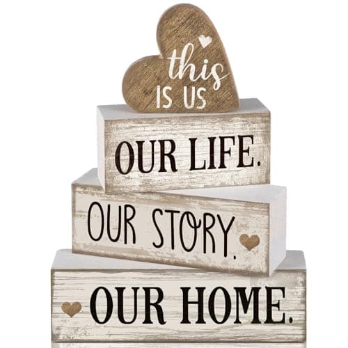 Conelist 4 Pcs Farmhouse Wooden Heart Tabletop Decor Farmhouse Tiered Tray Decor This Is Us Centerpiece Decorative Rustic Our Home Block Sign Gift for Home Table Kitchen Shelf Desk Decoration