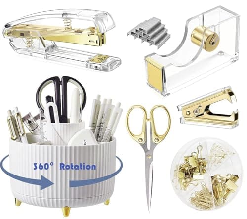 Gawsey Desk Organizers and Accessories Set with 360-Degree Rotating Pen Holder, Acrylic Stapler, Tape Holder, Staple Remover, Binder/Paper Clips Kit, Scissor and 1 Box of Staples