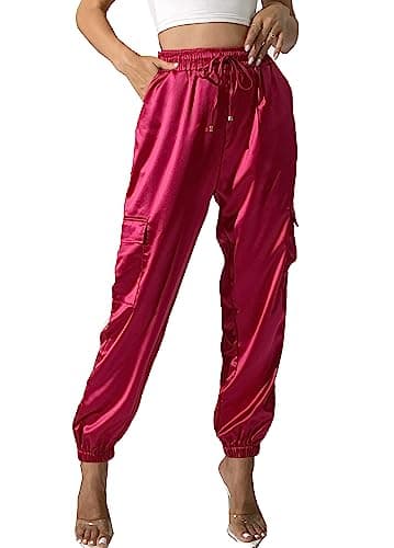 Women's Satin Cargo Joggers Pants Dressy Casual Silky Elastic High Waist Trousers Hot Pink