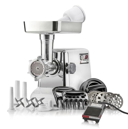 STX International Turboforce 3000 Series 6-In-1 Powerful Size #12 Electric Meat Grinder with Foot Pedal • Sausage Stuffer • Kubbe Maker • Patty Press • 2 Meat Claws • 3 S/S Blades • 5 Grinding Plates