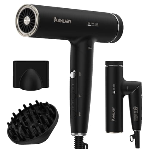 ANNLARY Plasma Ion Hair Dryer with Diffuser for Curly Hair, 110000 RPM Professional High Speed Blow Dryer with Plasma Ion, 1500W Foldable Travel Hairdryer with 6.5 Ft Cord Fast Drying for Women Men