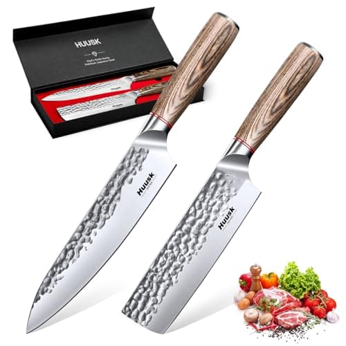 Huusk Japanese Kitchen Knife Set - 2-Piece Professional Chef Knives Set for Kitchen, Hand Forged Nakiri Vegetable Chopping Knife, Meat Cleaver Knife Set for Meat Cutting, Father's Day Gifts for Men