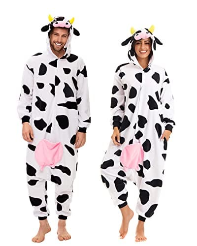 CANASOUR Christmas Cow Onesie Halloween Pajamas For Women Couples Adult Animal Custom With Udders Unisex Anime Cosplay Costumes (Cow,Medium)