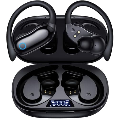 GNMN Active Noise Cancelling Ear Buds Wireless Earbuds 96hrs Playback Bluetooth Headphones Dual Battery Display Stereo Bass Earphones with Earhooks Microphone IPX7 Waterproof for Sports/Workout