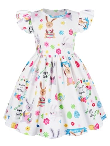 WonderBabe Toddler Girl Easter Outfit Flutter Sleeve Swing Sundress Bunny Dress Rabbit Print Easter Clothes Size 7-8 Years