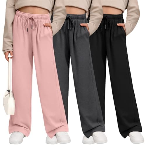 LessonZoo 3 Pack Girls' Sweatpants Wide Leg Drawstring Casual Kids Joggers Open Bottom Loose Solid Teen Pants with Pockets(Light Pink, Dark Gray, Black,X-Large)