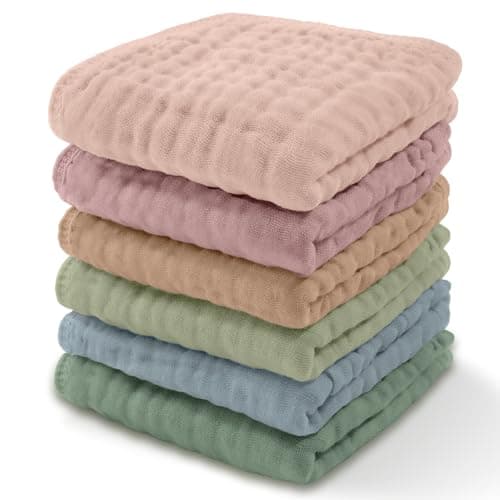 Comfy Cubs Muslin Baby Washcloths 6 Pack - Soft 6-Layer Cotton Wash Cloths for Sensitive Skin - 10"x10" Large, Gentle, Absorbent Infant Essentials for Newborn and Toddlers - (Multicolor)