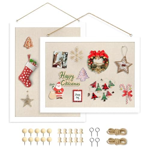 AMUSIGHT 2-Pack Double-Sided Cork Board with Linen, 16" x 12" Hanging Wood Framed Bulletin Board, Picture Display Vision Board Kit Corkboards for Wall School Office Decor, 20 Pushpins (Vintage White)