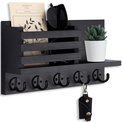 Lwenki Key Holder for Wall – Decorative Wooden Mail Holder and Key Shelf with Mounting Hardware, Installation Guide – Paulownia Wood with 5 Metal Key Hooks (11.8” x 6.7” x 2.8”)