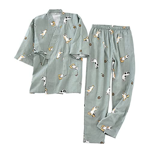 Altsuceser 2Pcs/Set Top Pants Set Relaxing Japanese Style Kimono Pajamas Set Popular Green M