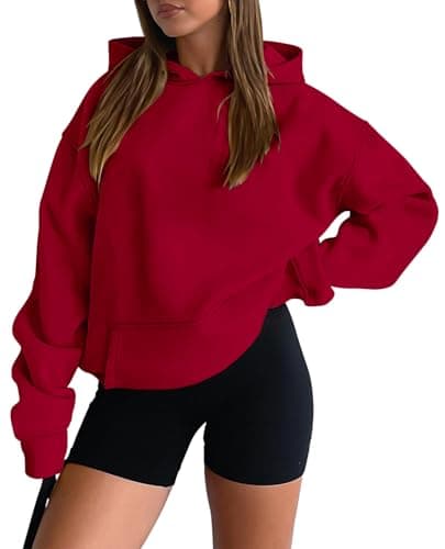 onlypuff Hoodies for Women Red Oversized Sweatshirts Hooded Pullover Casual Workout Soft Fall Fashion Outfits Winter Clothes S