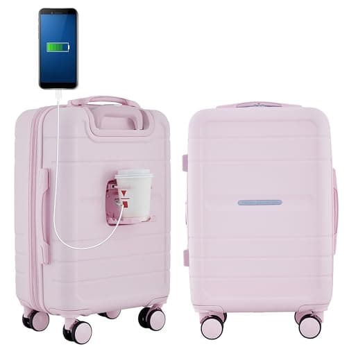 French Connection St. Martin Carry-On Luggage with Cup Holder/USB Ports, Pink A Boo