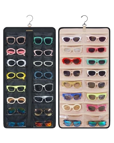 BAGSMART Hanging Jewelry Organizer, Dust Proof Sunglasses Storage Case Wall Mounted, Travel Dual Sided Glasses Case Multiple Pairs, Eyeglasses Holder with 32 Clear Slots & Metal Hook, Black