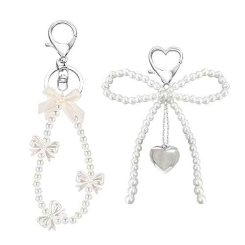 SMUOBT 2Pcs Pearl Bow Keychains for Women, Cute Bow Bag Charms for Handbags Aesthetic Bow Key Chains for Car Keys