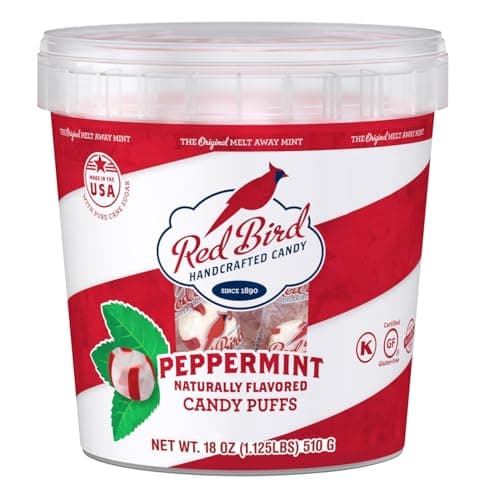 Red Bird Soft Peppermint Candy Puffs, 18 oz Bucket of Mints, Individually Wrapped Christmas Candy, Non-GMO Verified, Kosher